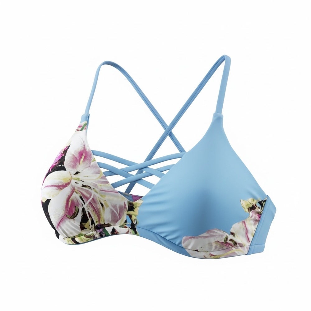 EUC TiniBikini Blue Floral Lace-Up Bikini Top Size Small